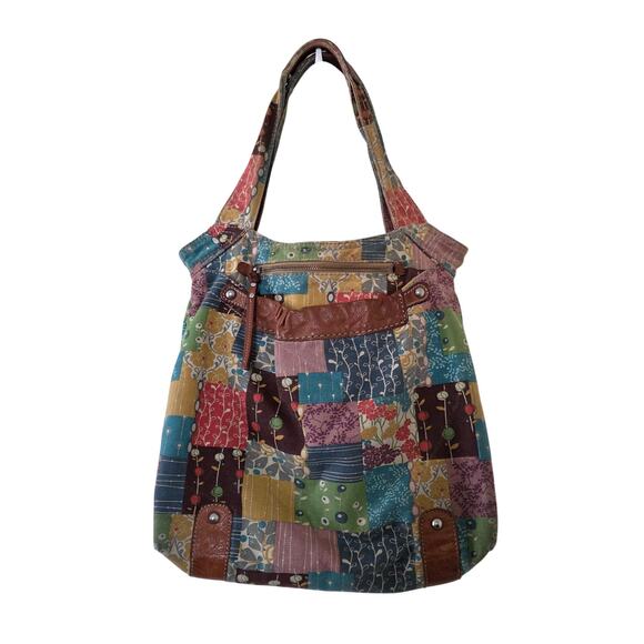 Fossil Patchwork Canvas Leather Tote Bag Multicolor Boho Shoulder Bag Large - Picture 1 of 12